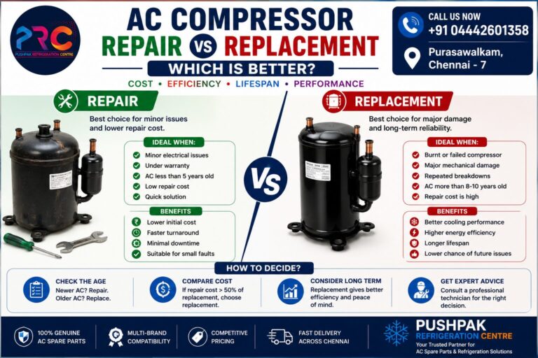 AC Compressor Repair vs Replacement Which Option Saves More Money? Cost • Efficiency • Lifespan • Performance Pushpak Refrigeration Centre +91 04442601358 Purasawalkam, Chennai - 7