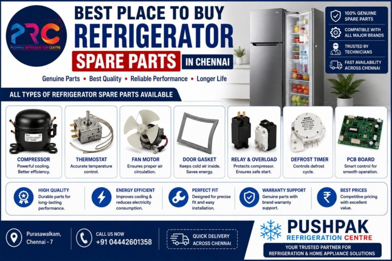 Best Place to Buy Refrigerator Spare Parts in Chennai ✓ Genuine Parts ✓ Compressor ✓ Thermostat ✓ Fan Motor ✓ Door Gasket Pushpak Refrigeration Centre +91 04442601358 Purasawalkam, Chennai - 7