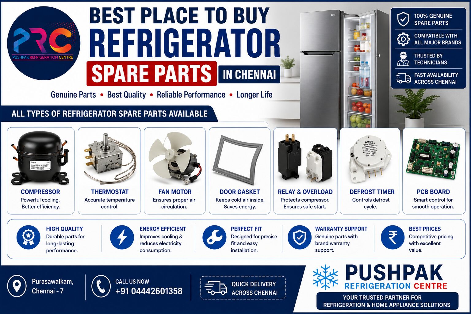 Best Place to Buy Refrigerator Spare Parts in Chennai ✓ Genuine Parts ✓ Compressor ✓ Thermostat ✓ Fan Motor ✓ Door Gasket Pushpak Refrigeration Centre +91 04442601358 Purasawalkam, Chennai - 7